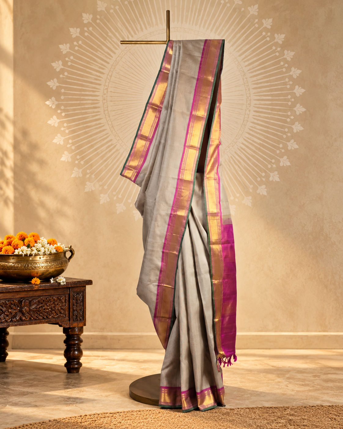 Silver Grey Magenta Gold Zari Kanjivaram Saree