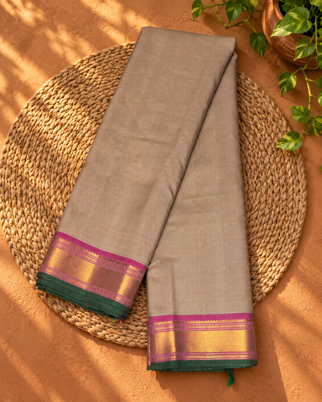 Silver Grey Magenta Gold Zari Kanjivaram Saree