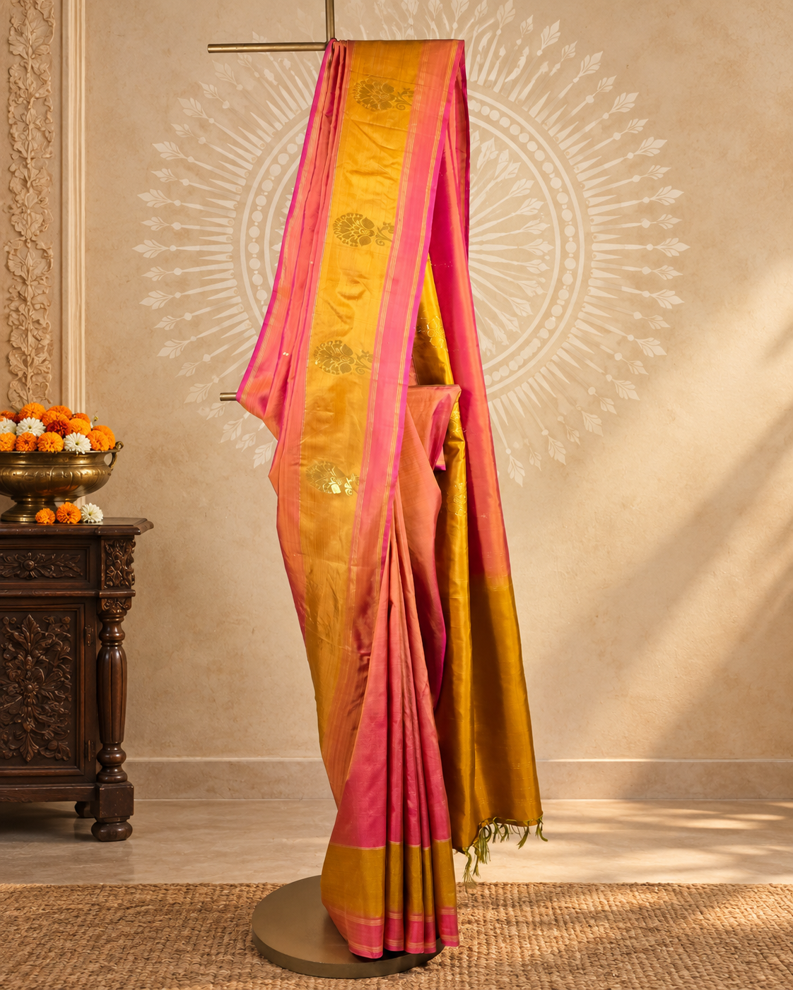Peach Floral Zari Kanjivaram Saree