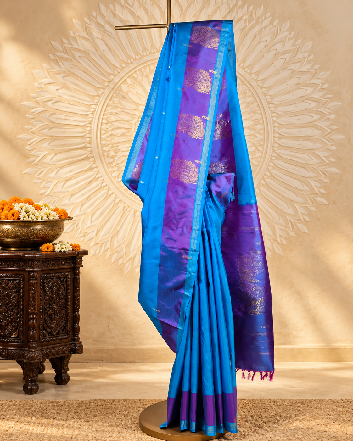 Sky Blue Gold Zari Paisley Kanjivaram Saree