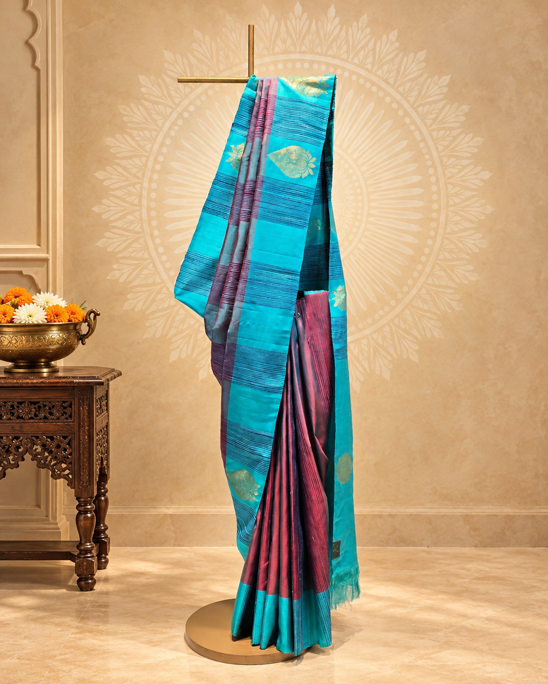 Plum Turquoise Pinstripe Kanjivaram Saree