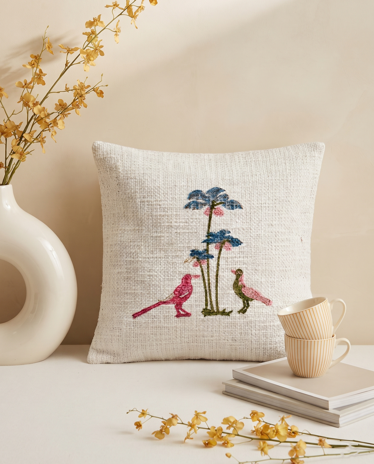 GULABI PARINDA HAND BLOCK JUTE CUSHION COVER