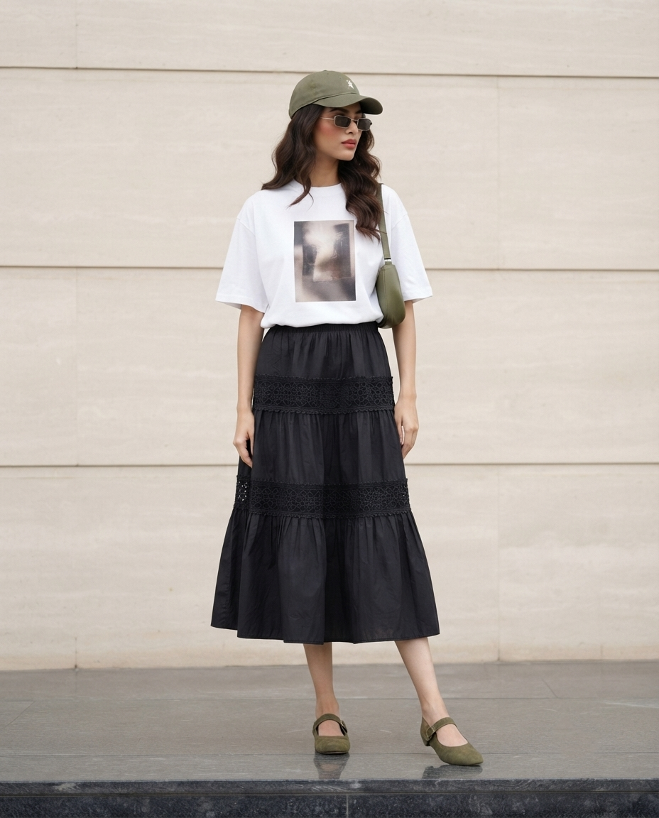 Elara Lace Tiered Skirt – Classic Black