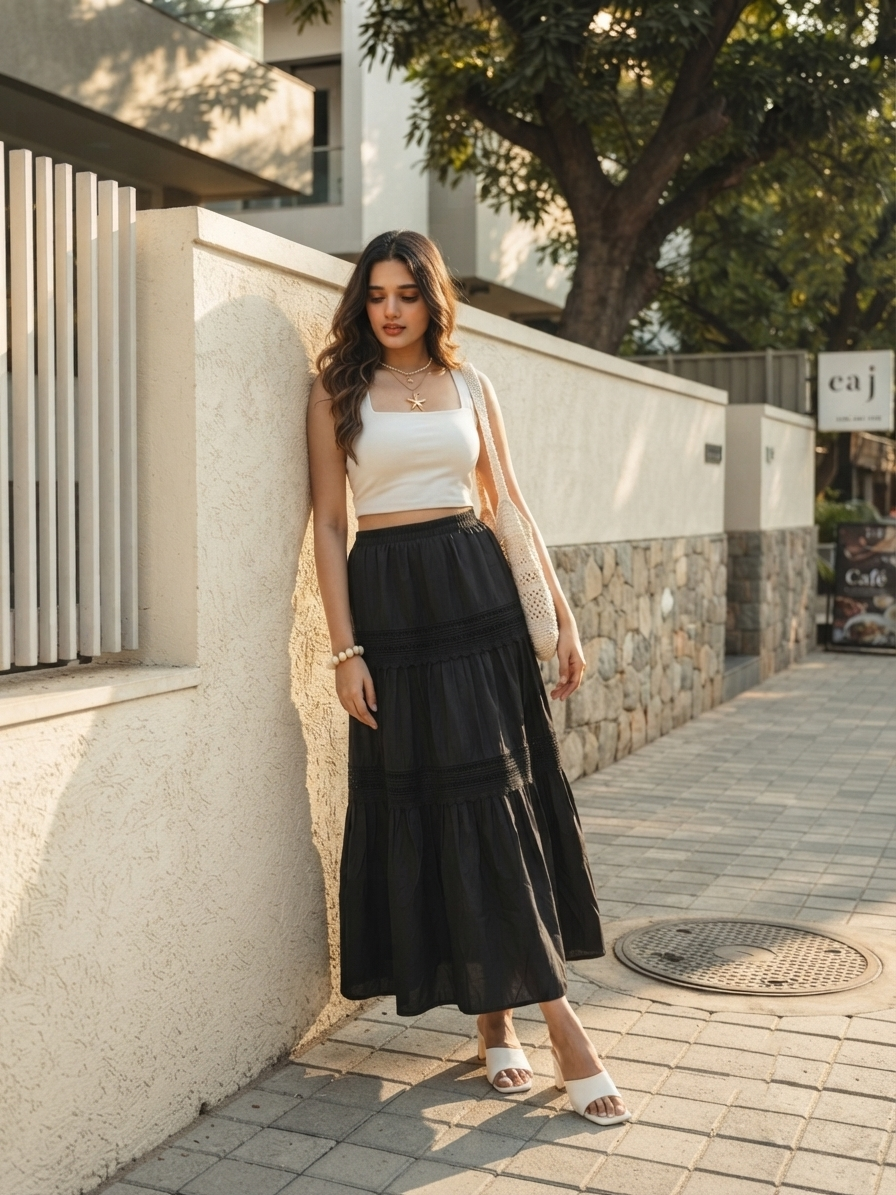 Elara Tiered Lace Skirt – Classic Black