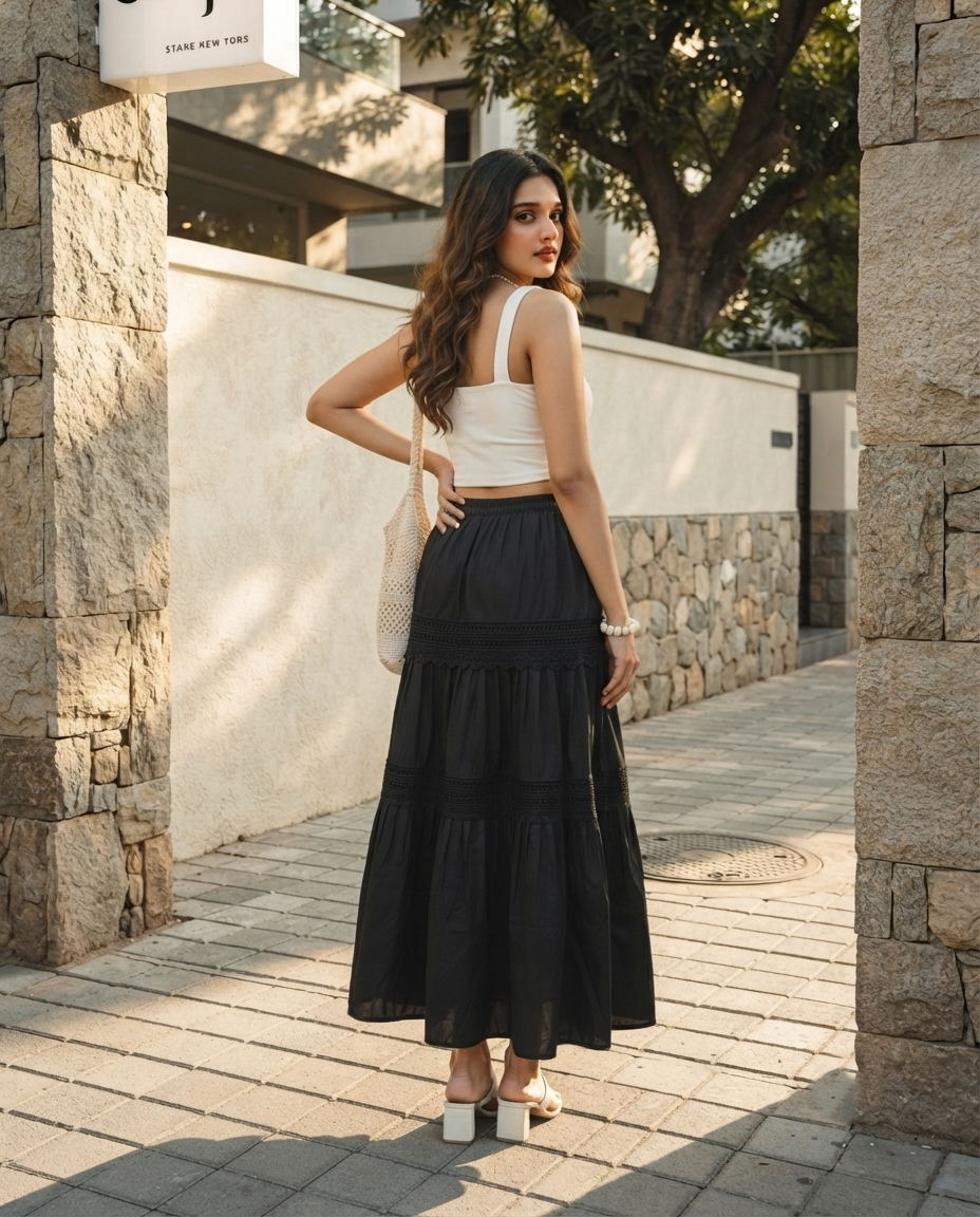 Elara Tiered Lace Skirt – Classic Black