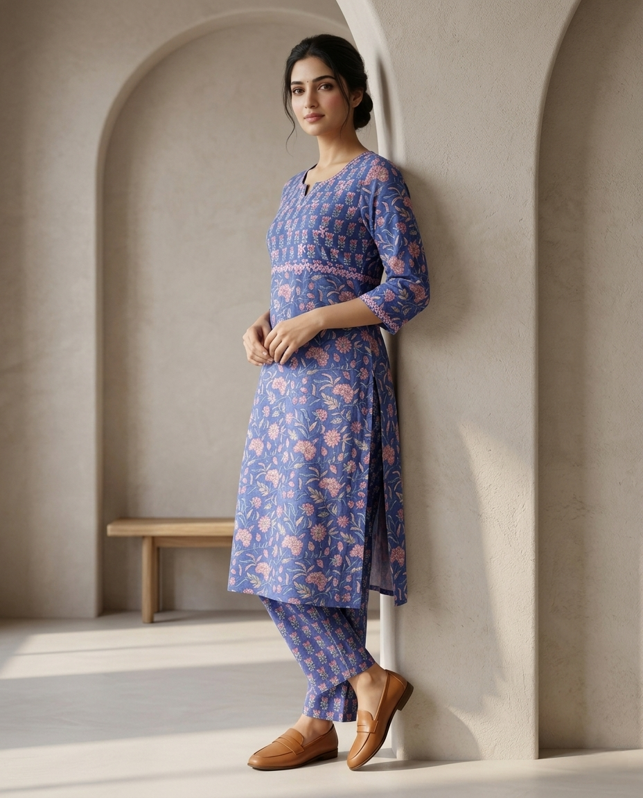GOLDEN GRACE EMBROIDERY KURTA PANT SET - HANDBLOCK