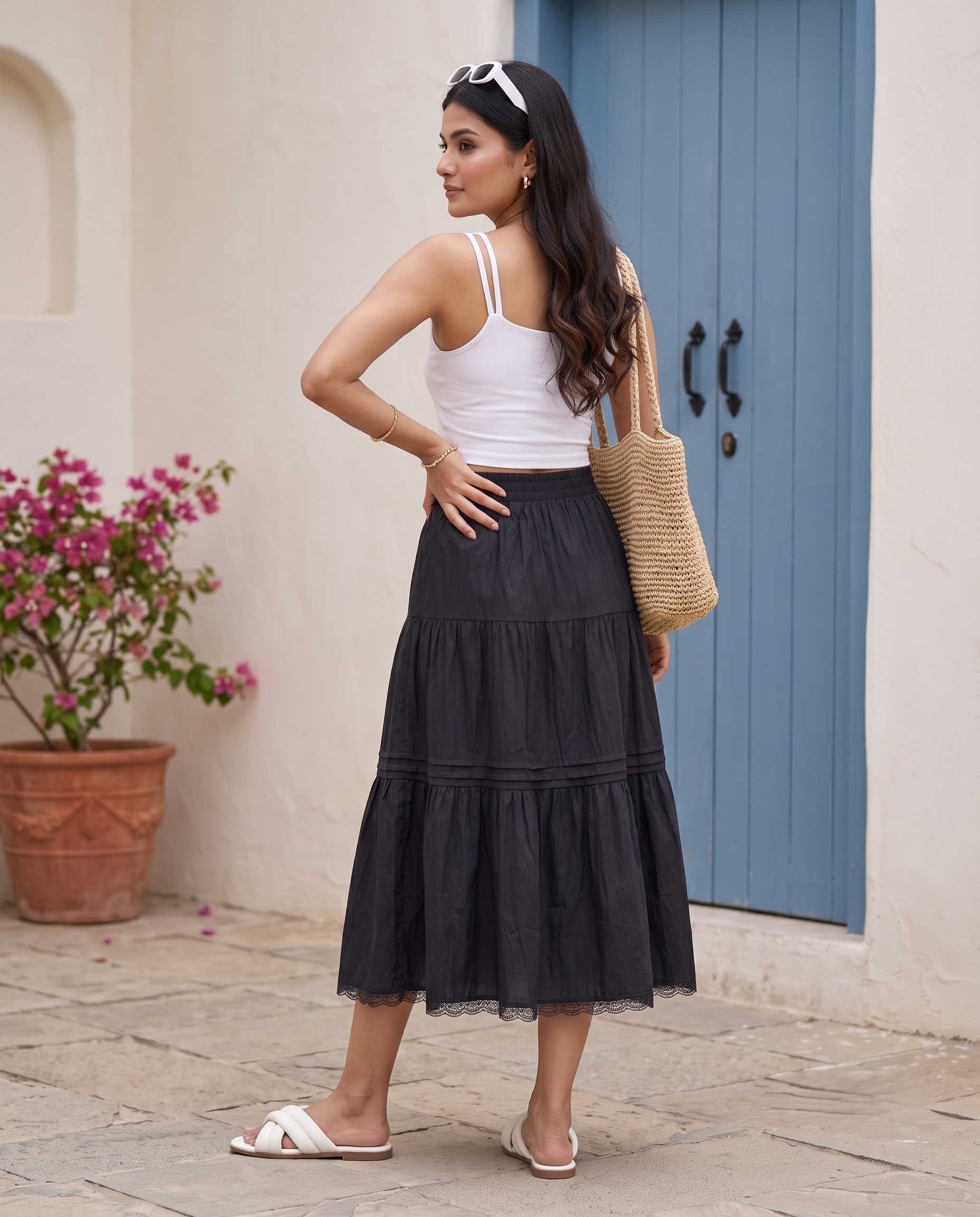 Elara Flared Midi Skirt – Classic Black