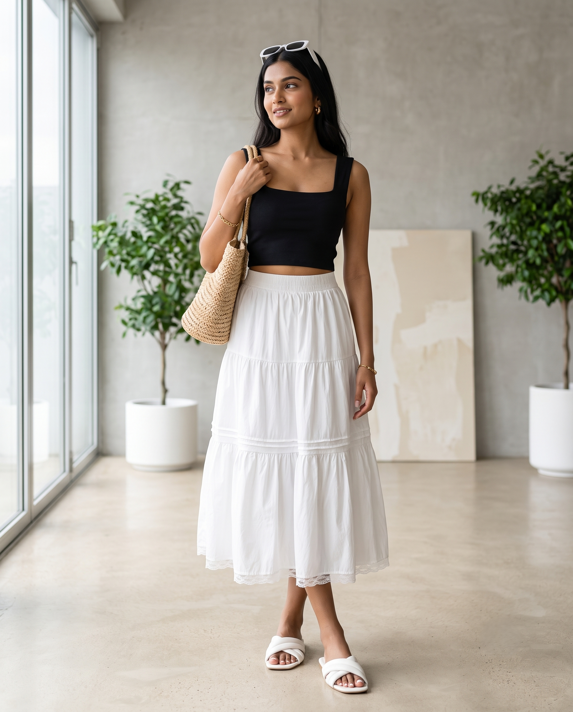 Elara Flared Midi Skirt – Ivory White