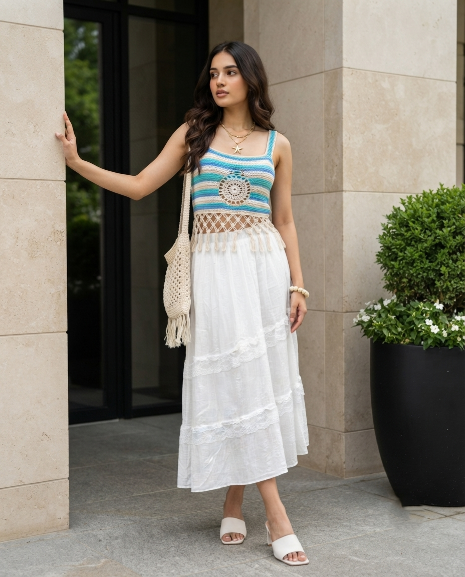 Roselle Lace Panel Skirt – White