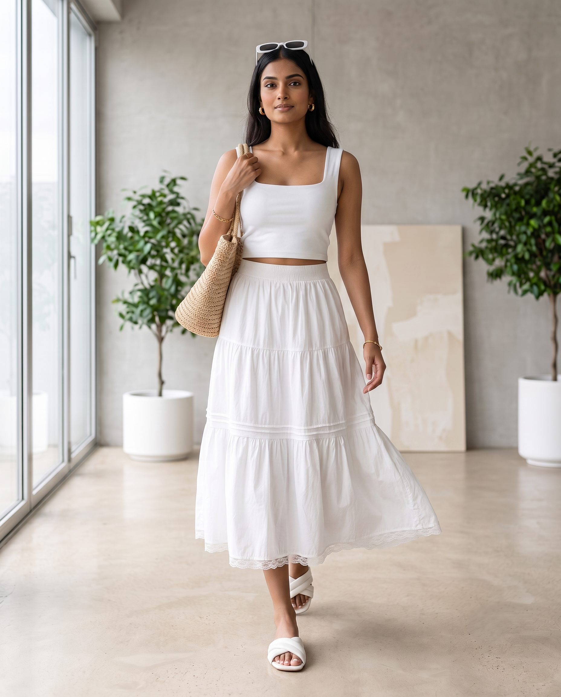 Elara Flared Midi Skirt – Ivory White