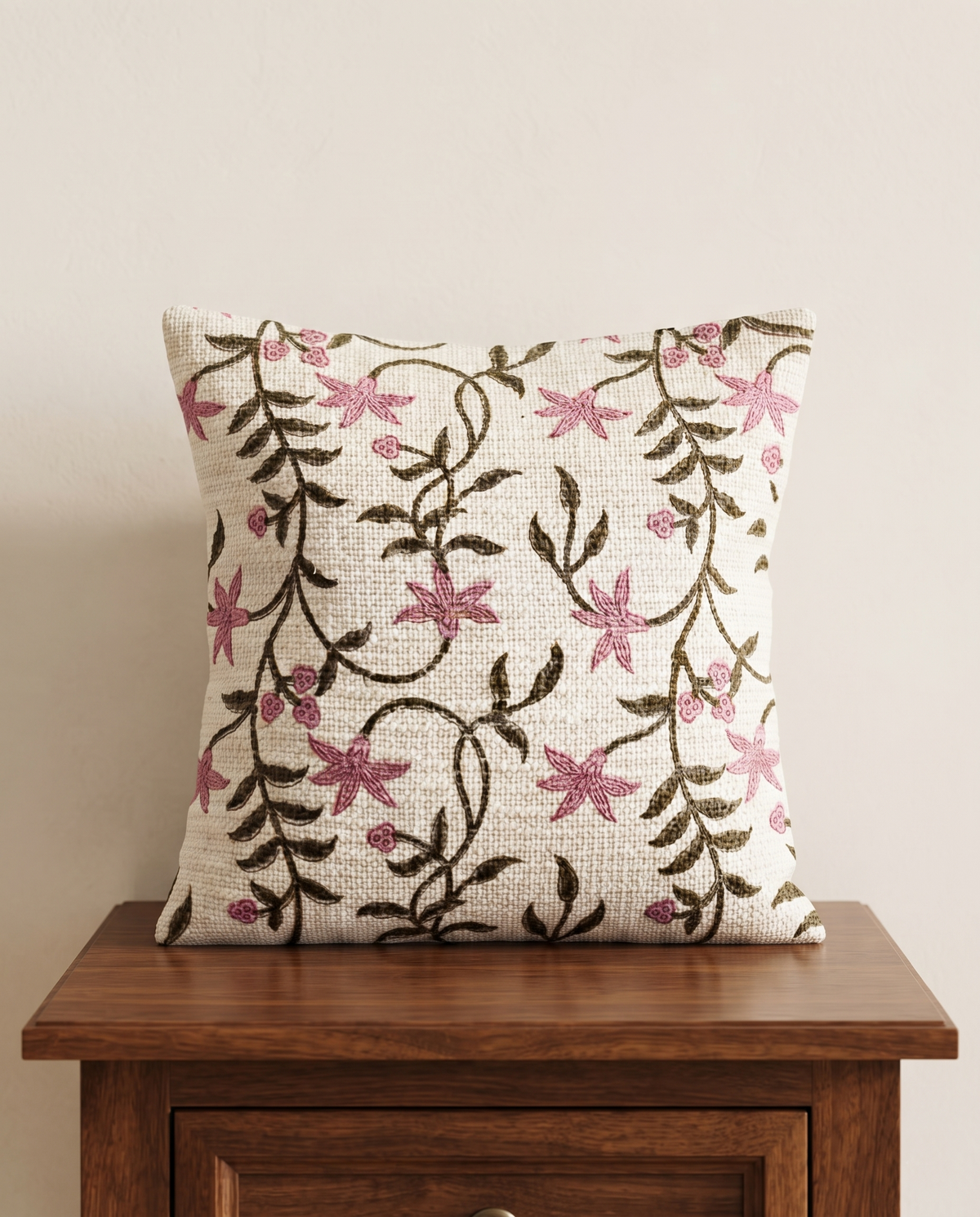 GULABI BEL HAND BLOCK JUTE CUSHION COVER
