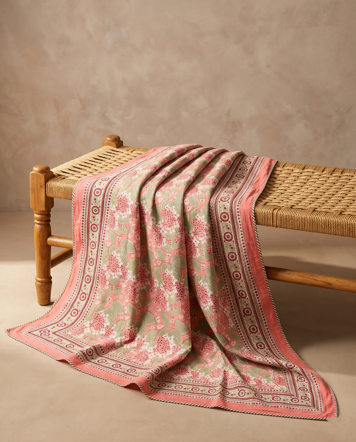 The Peach Hydrangea Garden Handblock Reversible Dohar