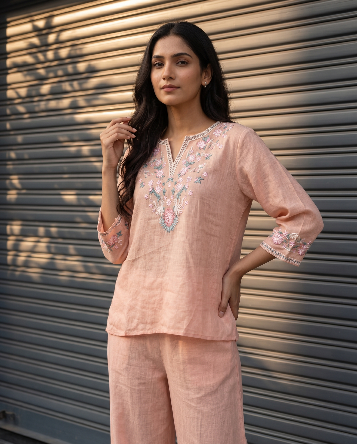Floral Embroidered European Linen Top - Blush Pink