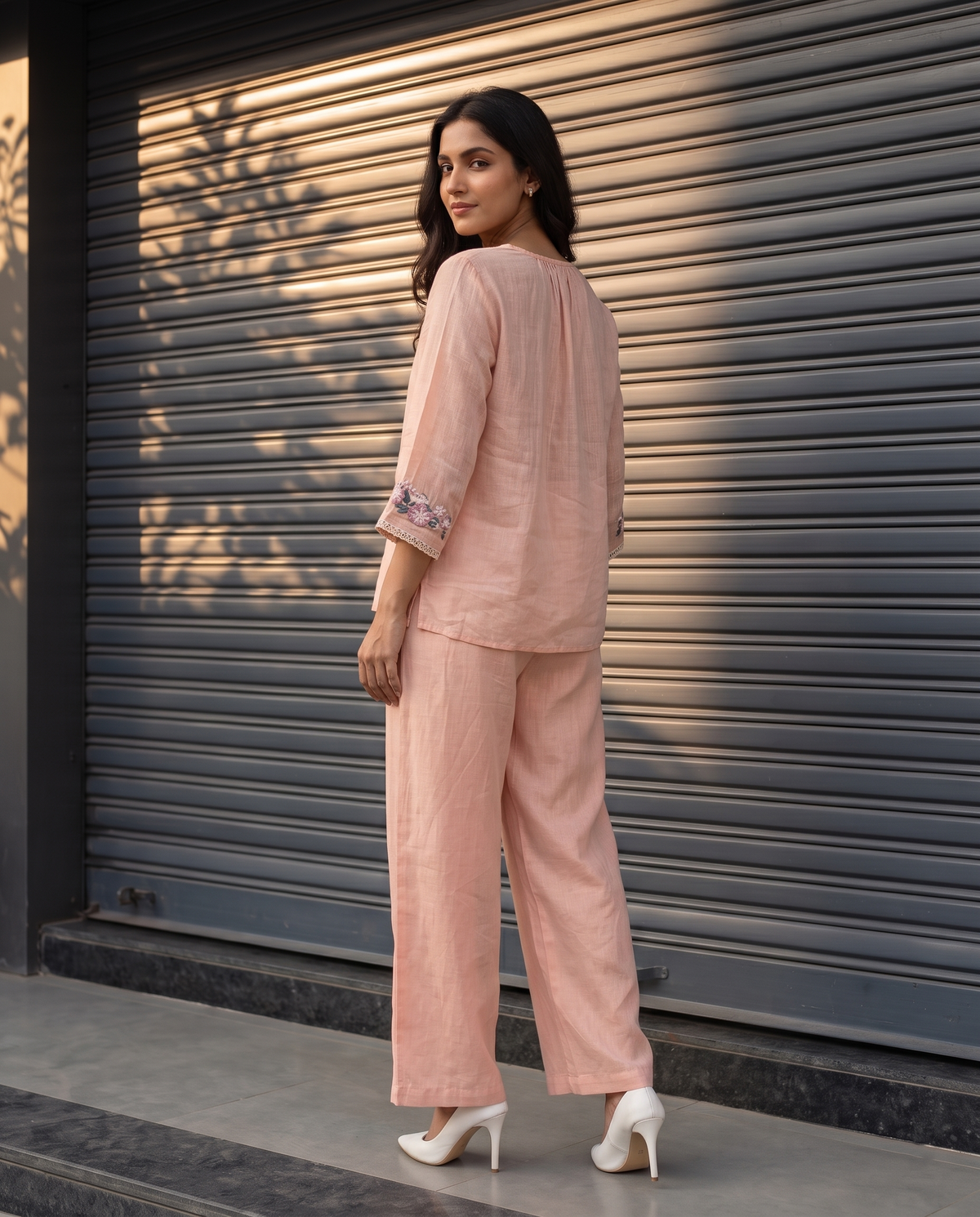 Floral Embroidered European Linen Top - Blush Pink