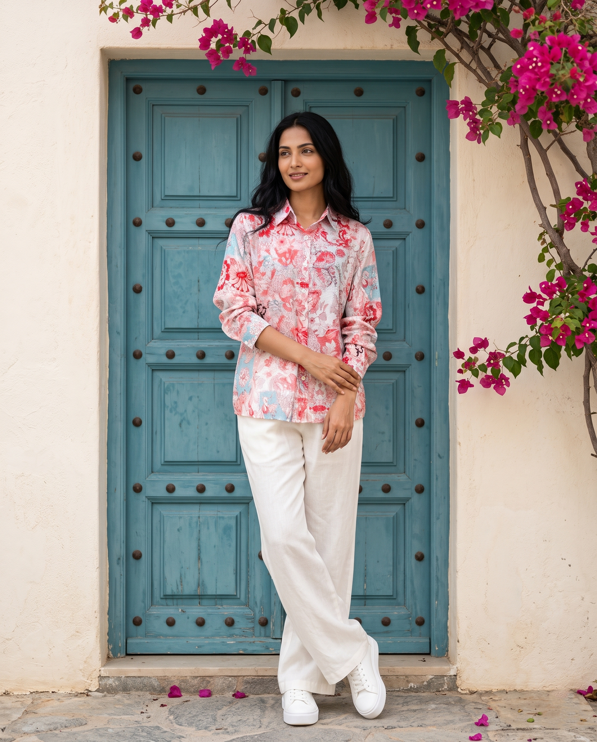 Bamboo Silk 150 GM Coral Rose Vintage Floral Shirt