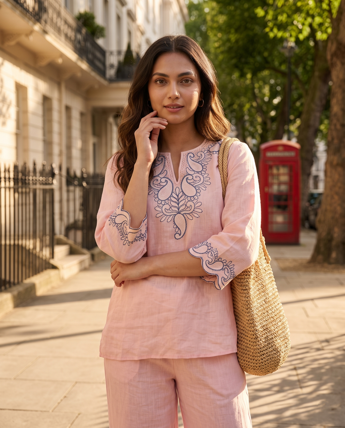 Blush Blue Embroidered European Linen Top - Blush Pink