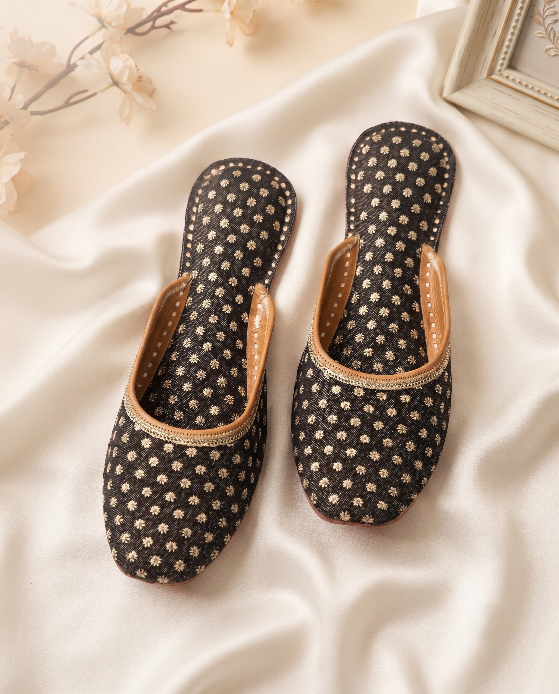 Midnight Daisy Pure Leather Handcrafted Jutti
