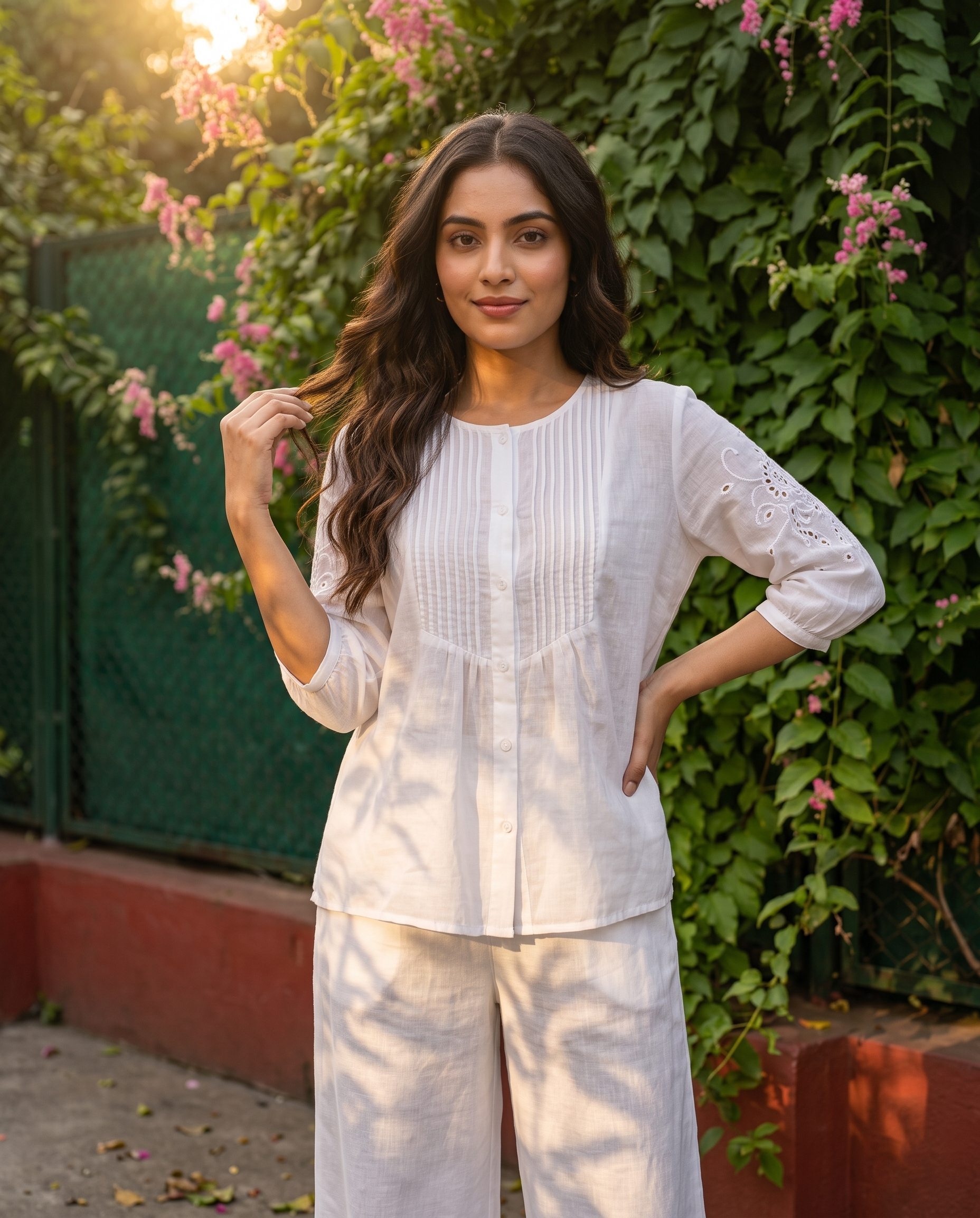 Ivory Pleated European Linen Top - White