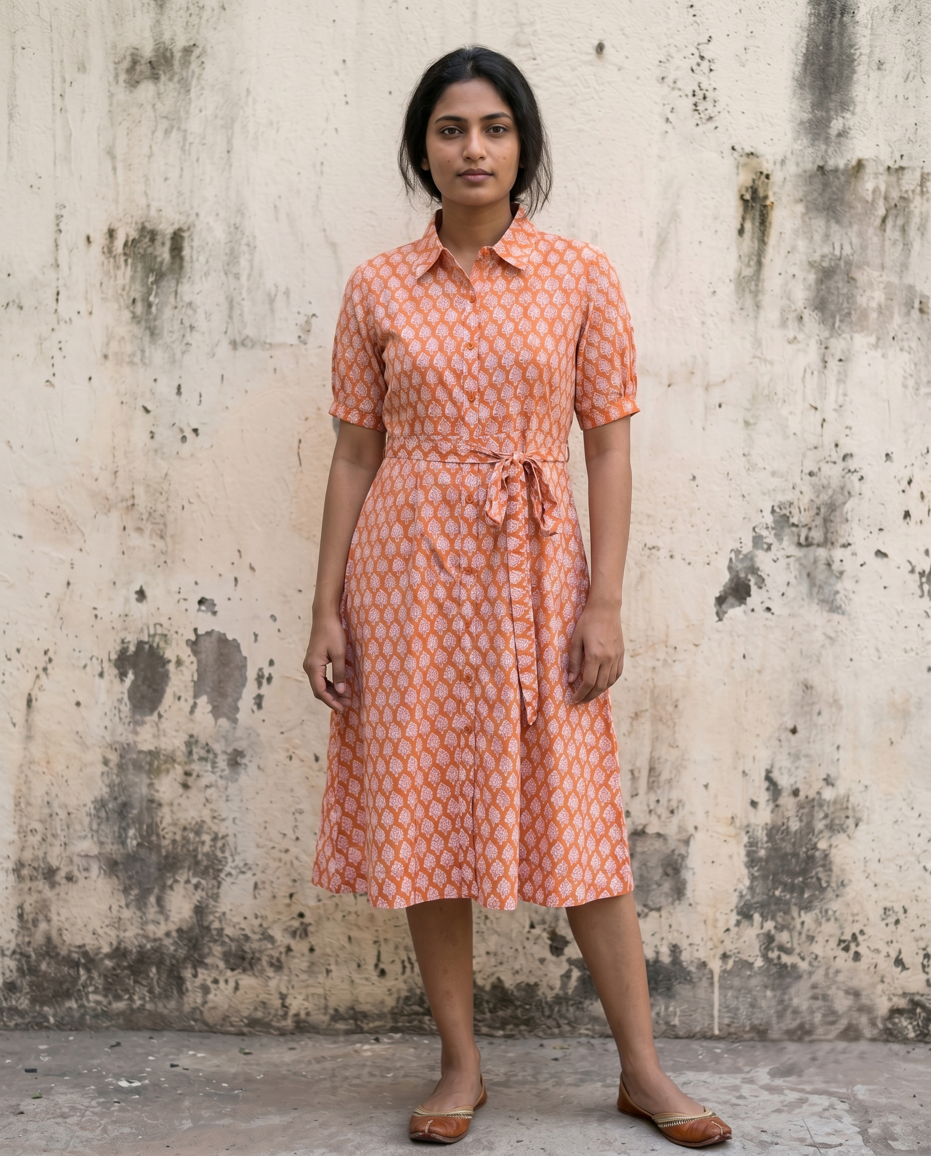 ORANGE COLLAR BELT  DRESS (HANDBLOCK)