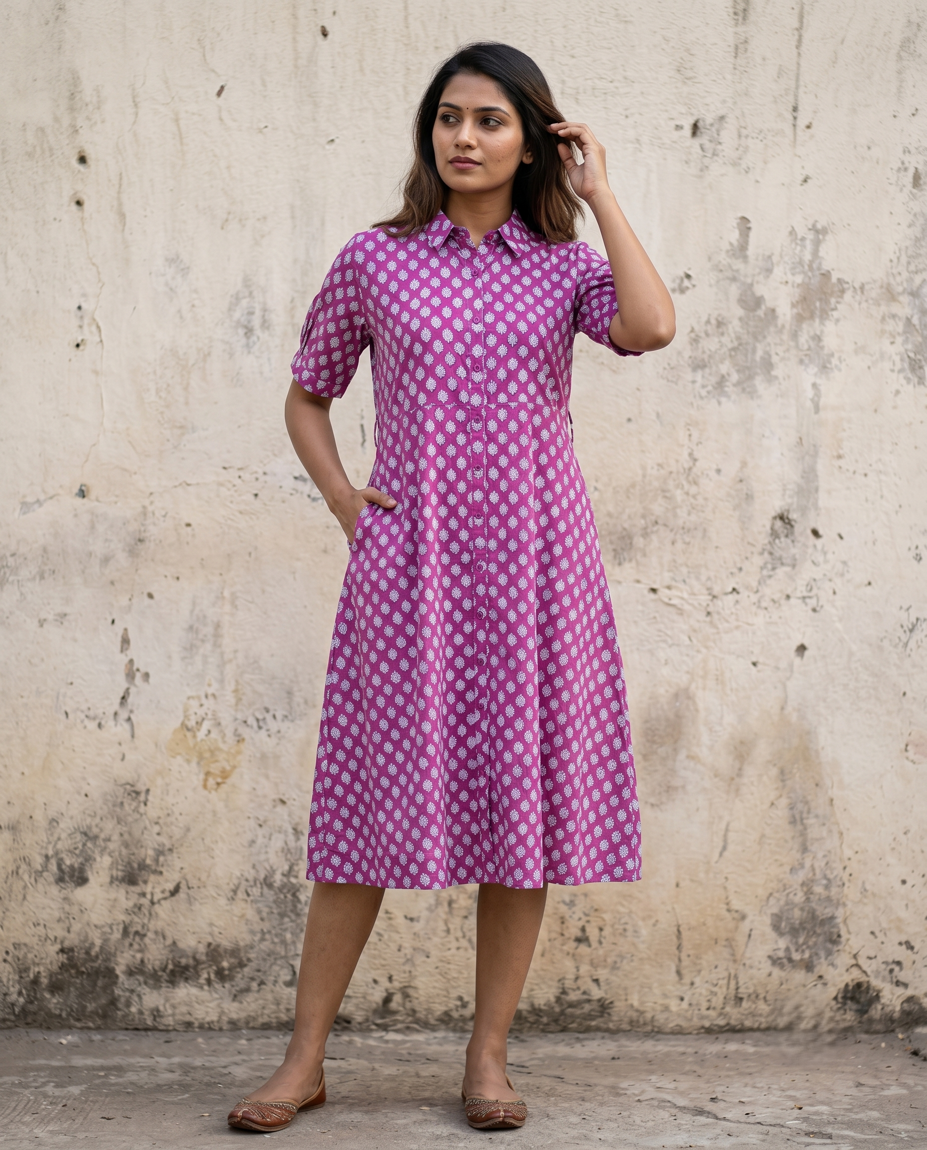 PURPLE COLLAR BELT DRESS (HANDBLOCK)