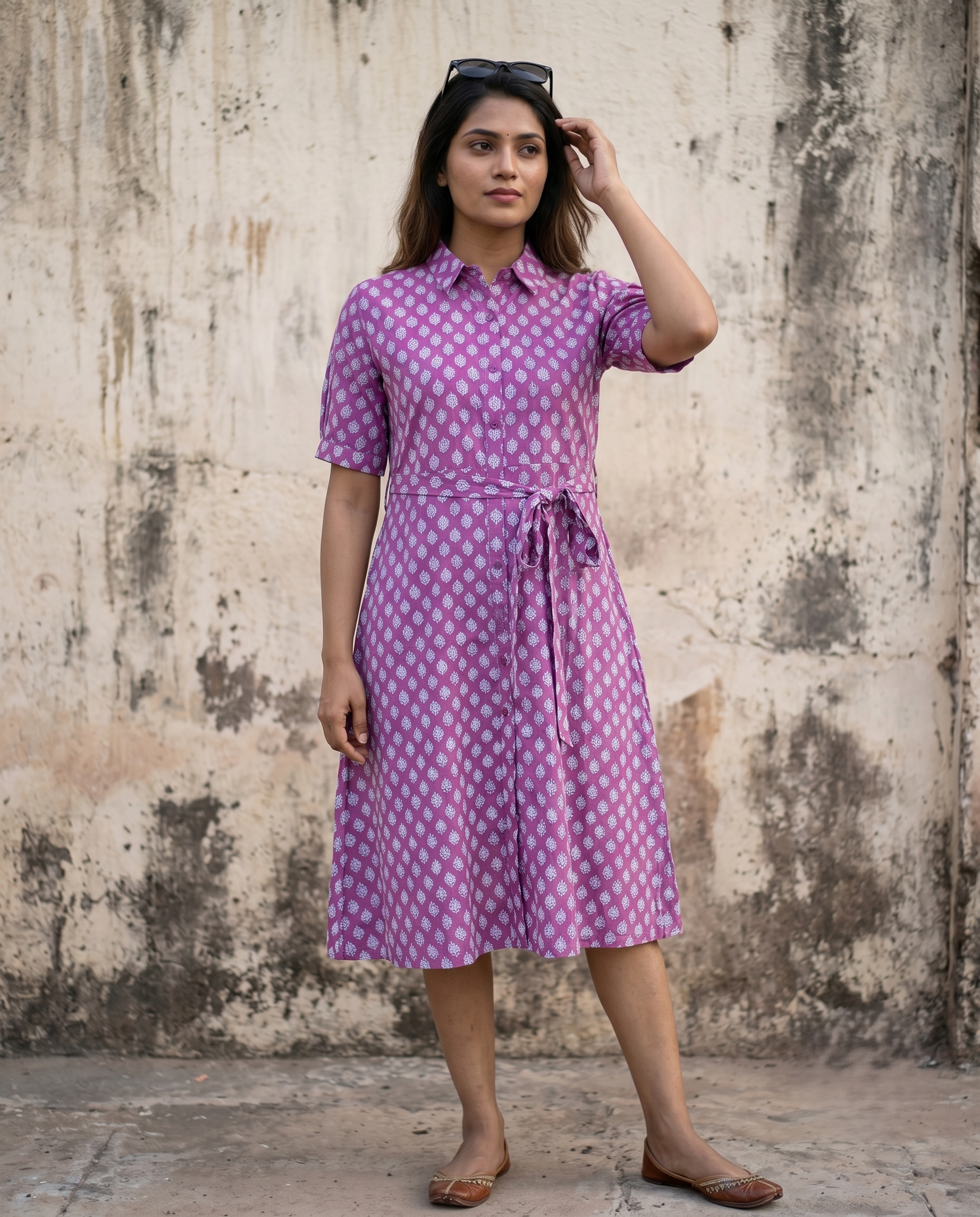 PURPLE COLLAR BELT DRESS (HANDBLOCK)