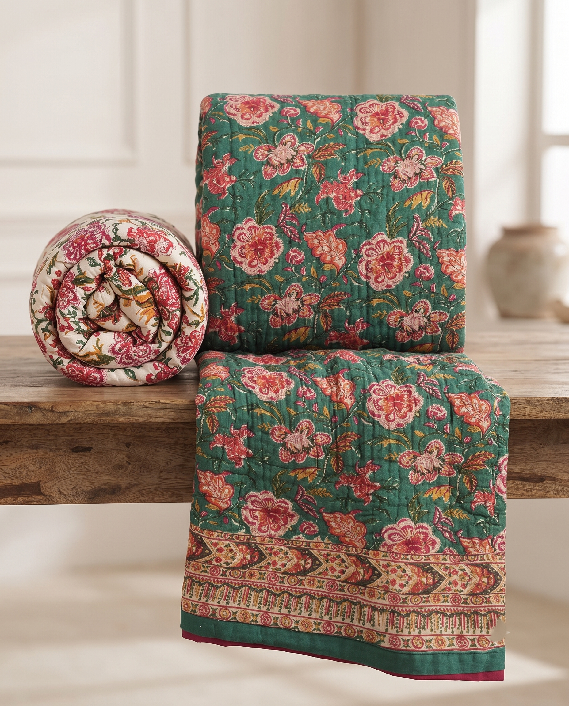 Hand Block Premium Cotton 90*108 Quilt – Emerald Green & Floral Red