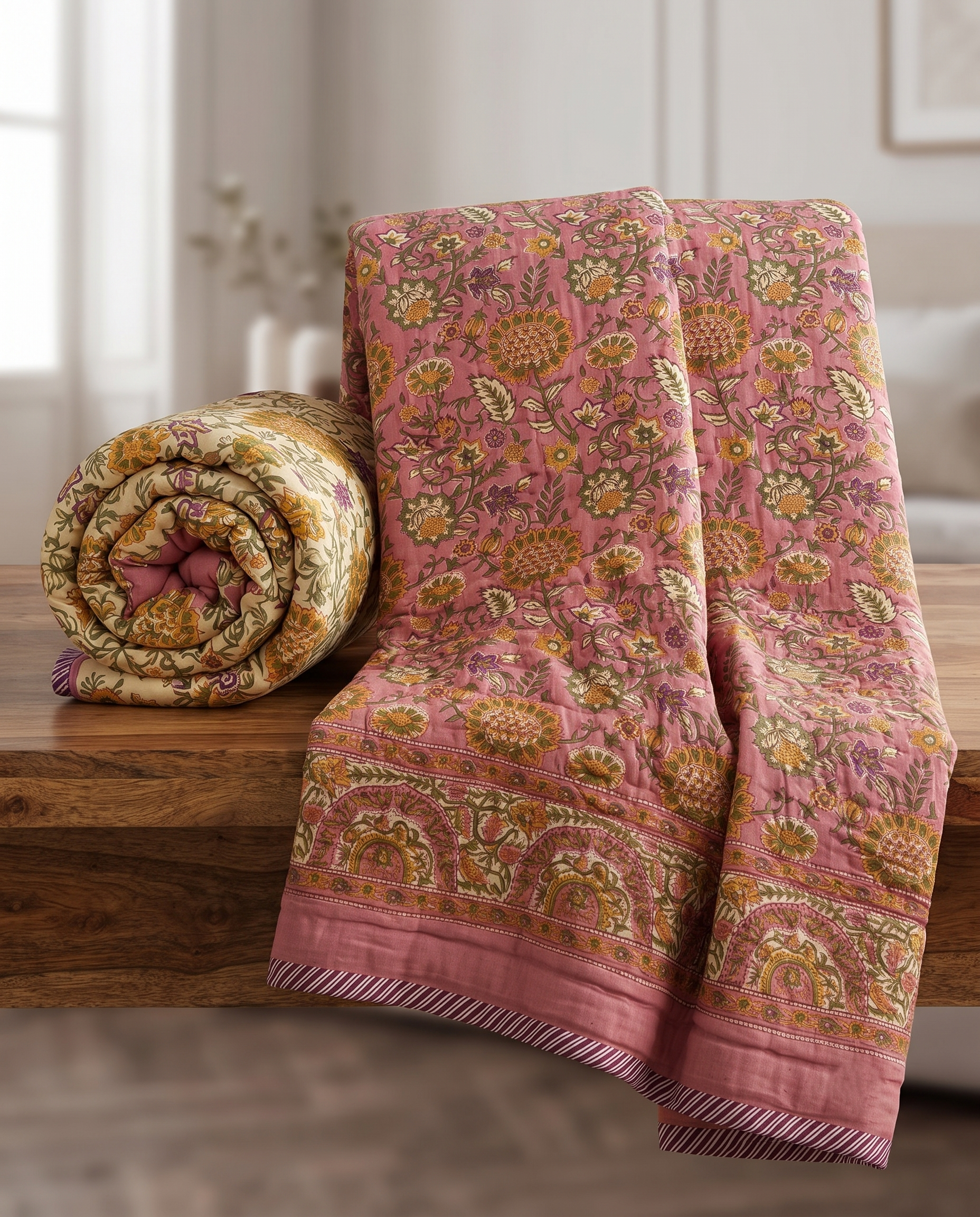 Hand Block Premium Cotton 90*108 Quilt – Dusty Rose Pink & Mustard Floral