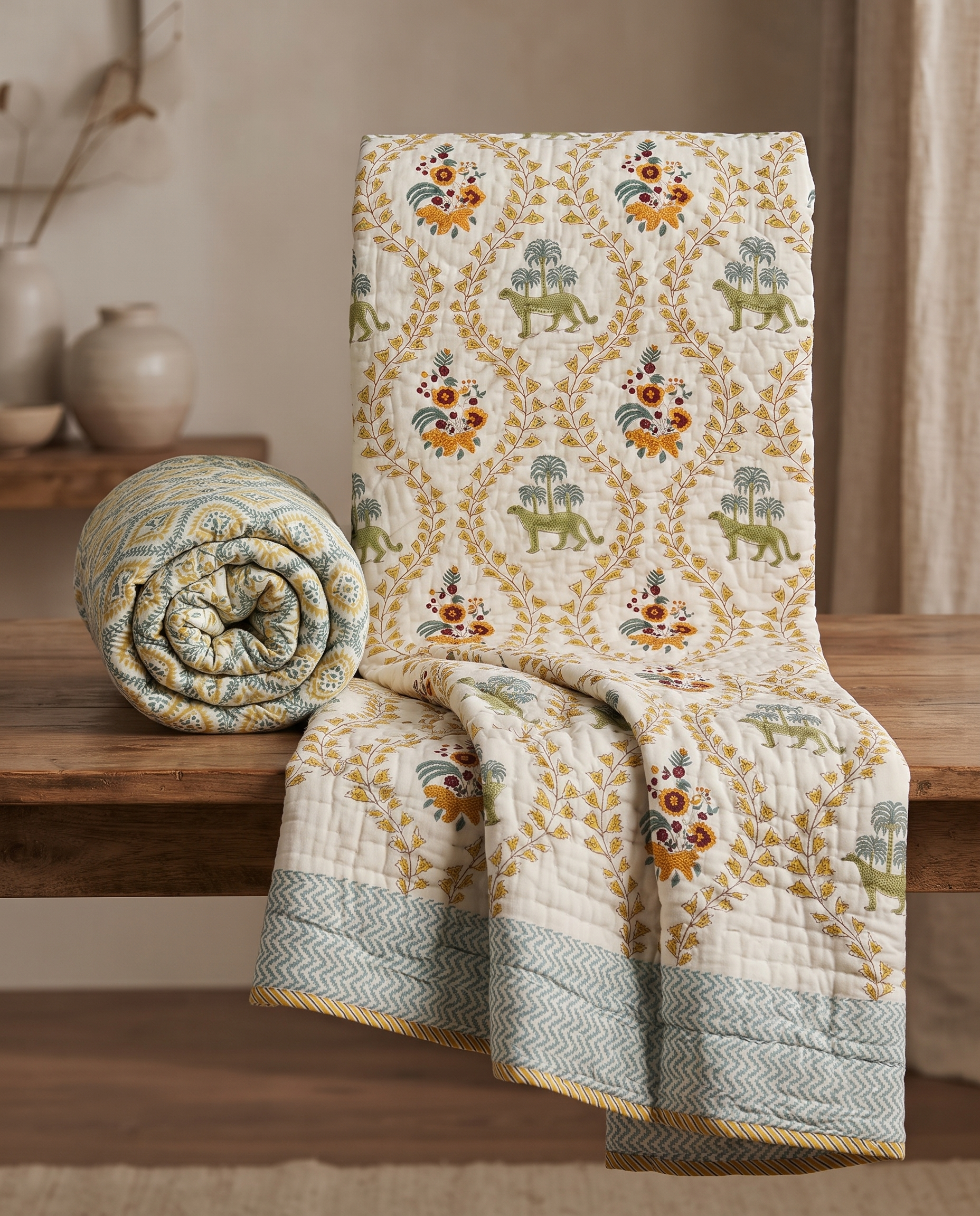 Hand Block Premium Cotton 90*108 Quilt – Ivory, Sage Green & Mustard
