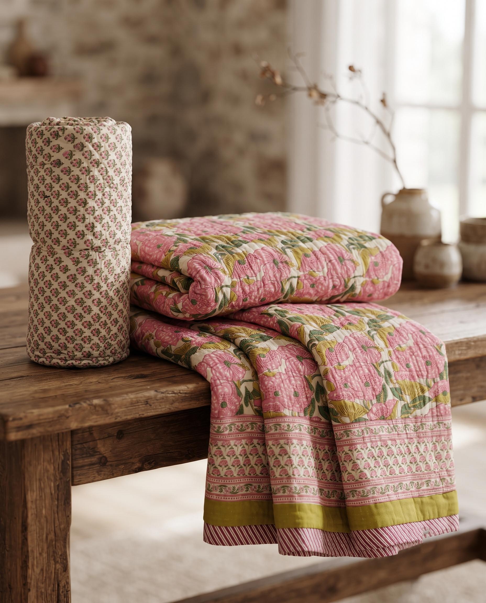 Hand Block Premium Cotton 90*108 Quilt – Blush Pink Floral & Olive