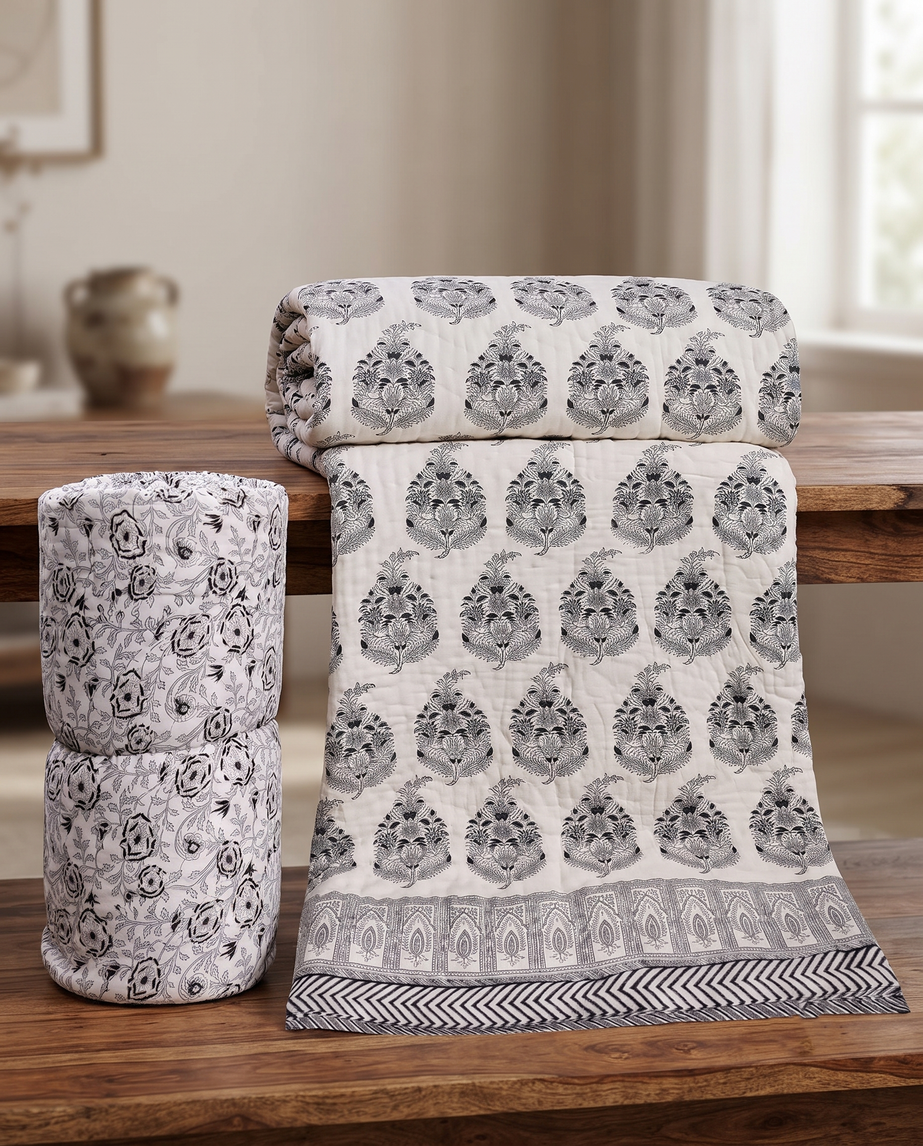 Hand Block Premium Cotton 90*108 Quilt – Monochrome Indigo Floral