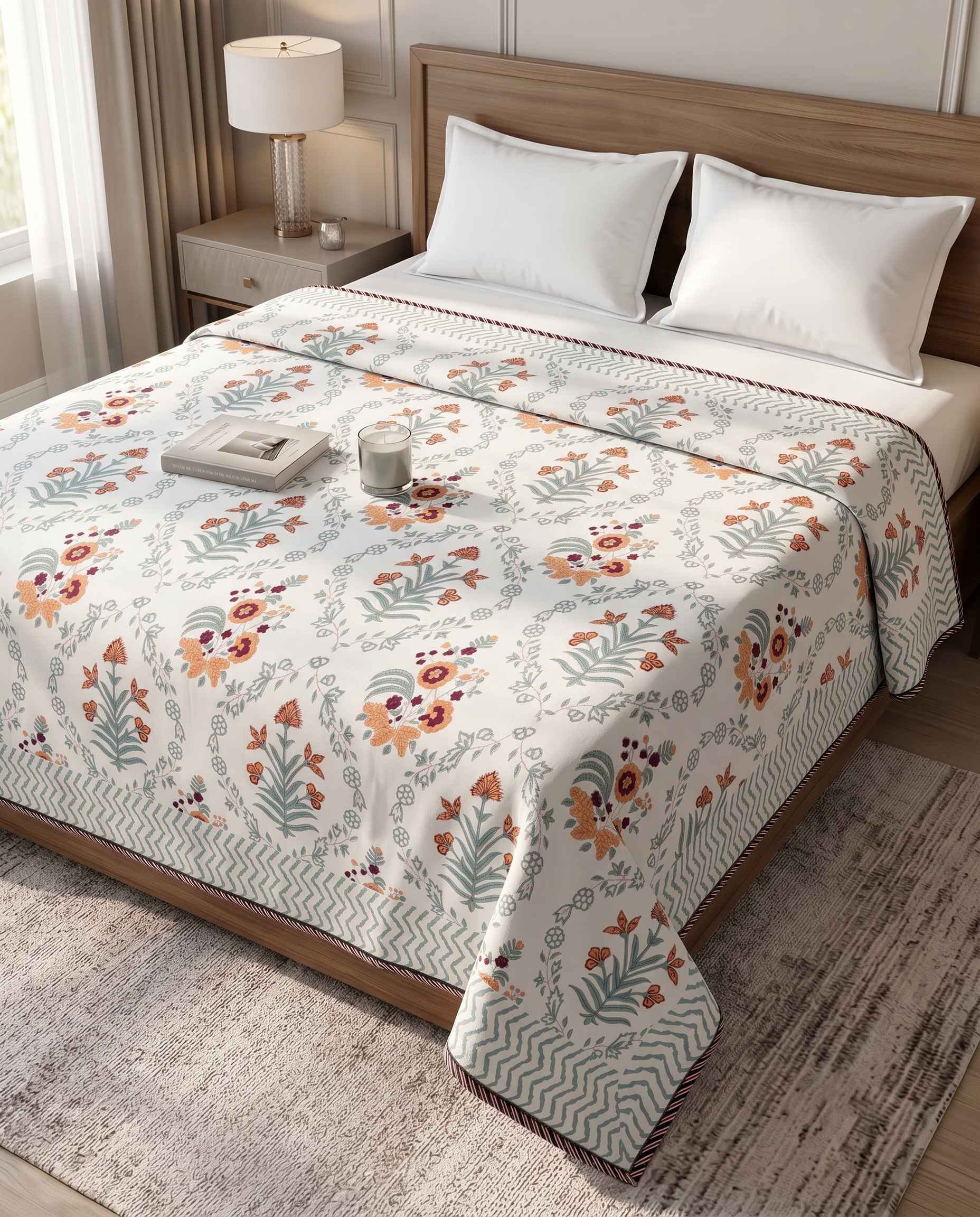 Hand Block Reversible Double Dohar Premium Cotton –  Rust Floral