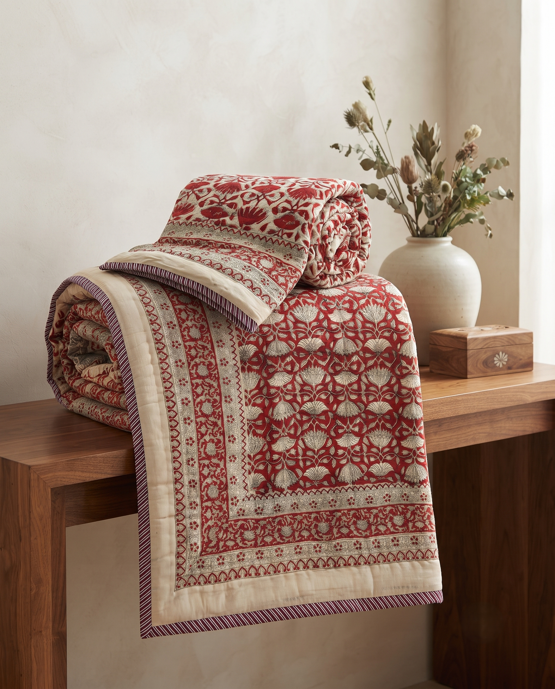 Hand Block Reversible Single Quilt Premium Cotton – Maroon & Ivory Floral