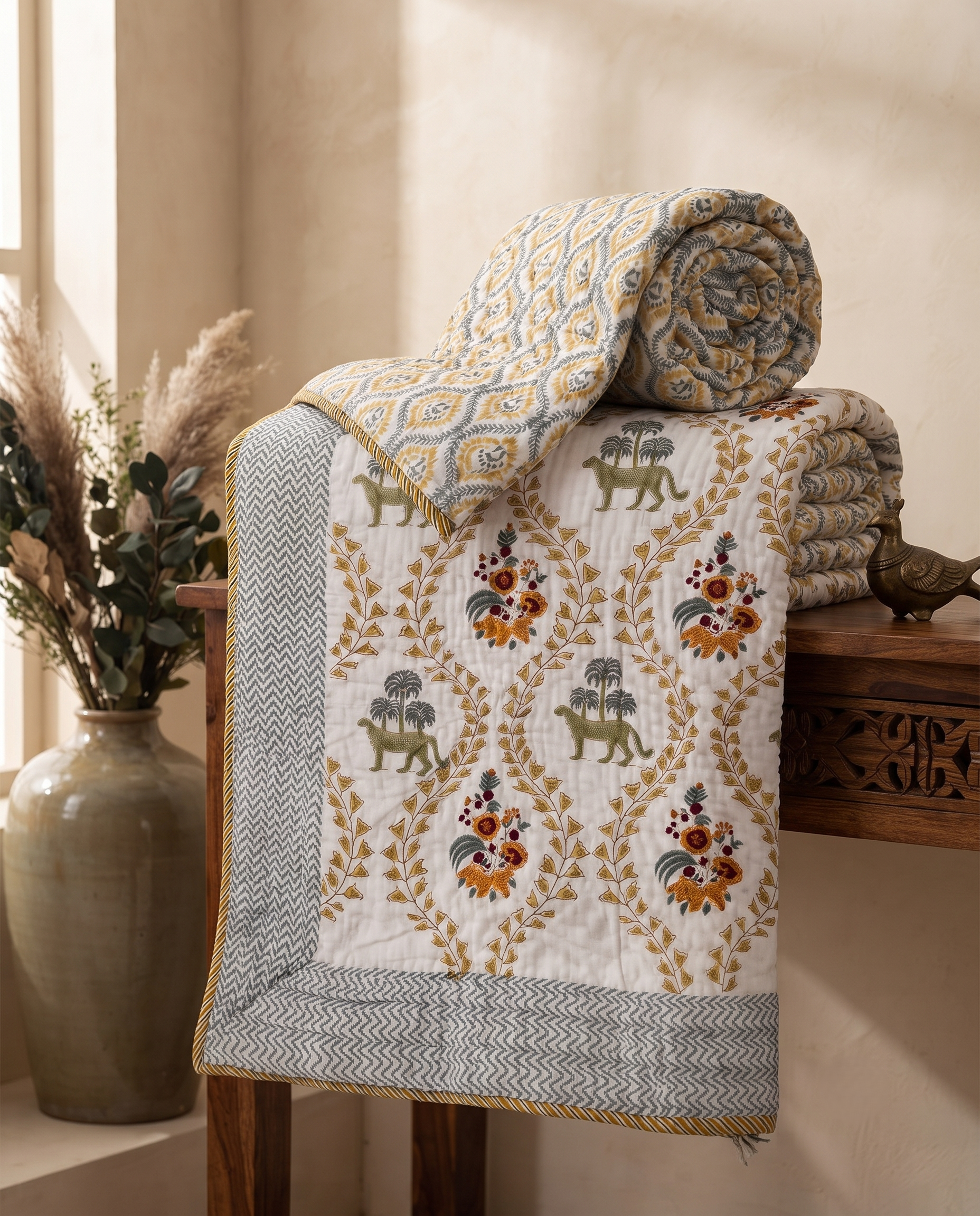 Hand Block Reversible Single Quilt Premium Cotton – Olive Green