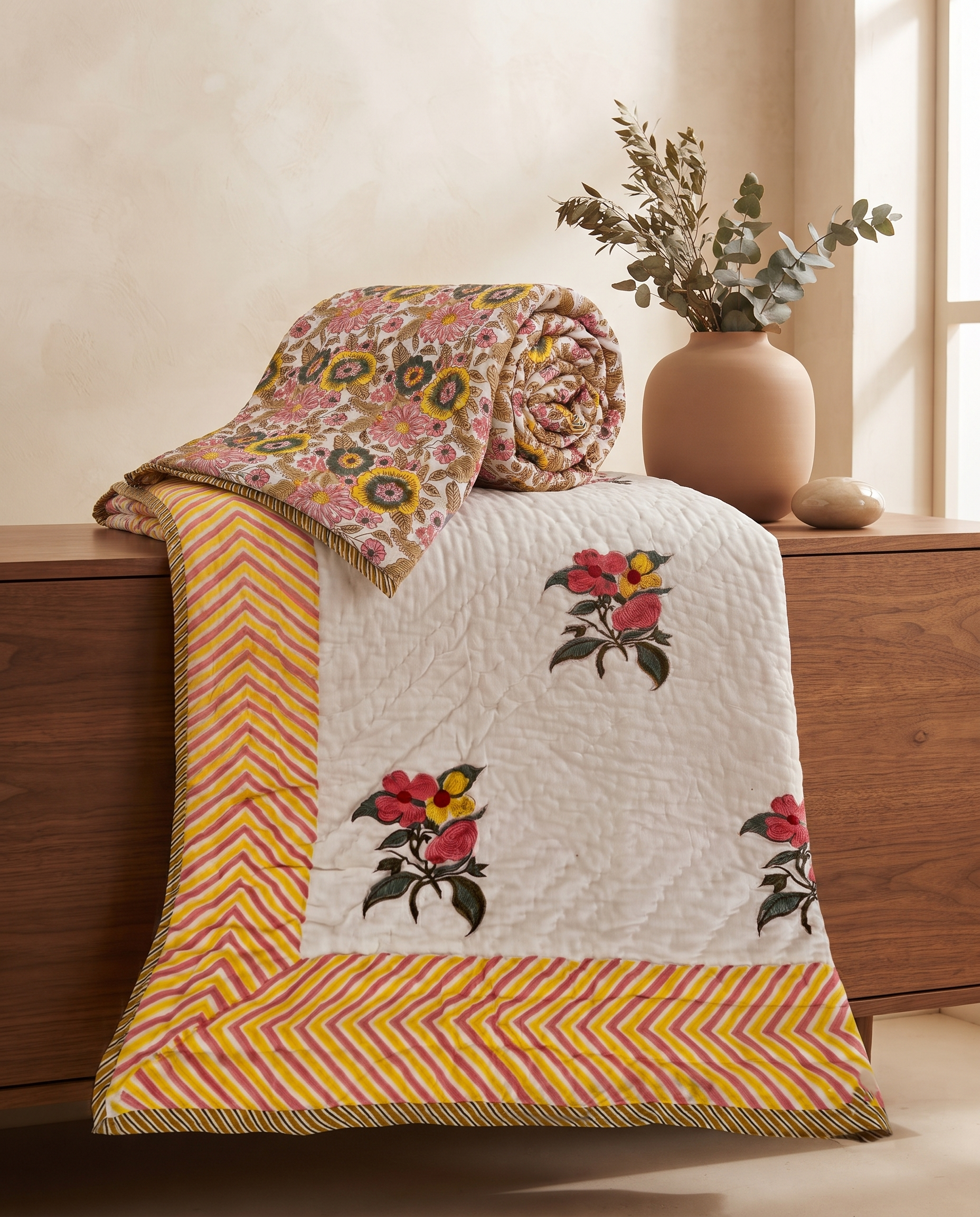 Hand Block Reversible Single Quilt Premium Cotton – Ivory