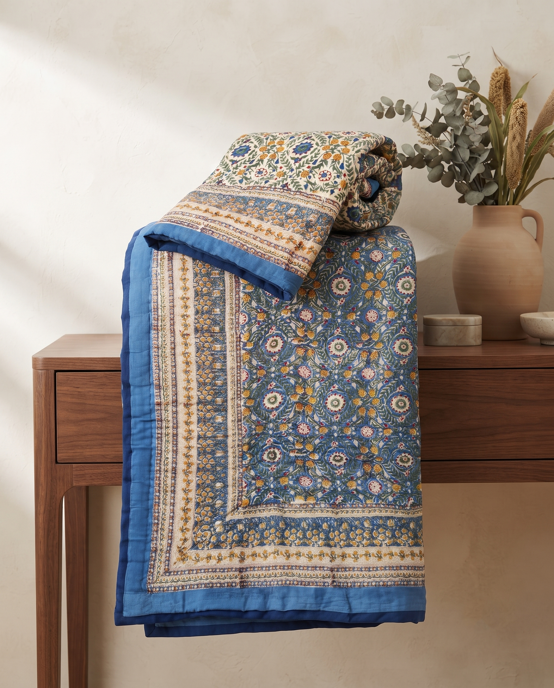 Hand Block Reversible Single Quilt Premium Cotton – Blue Floral