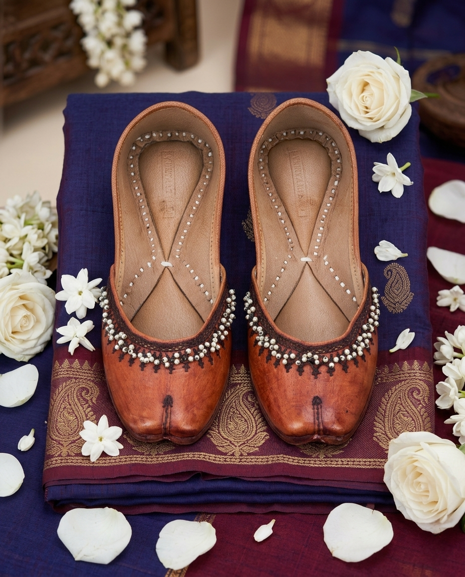 Brown Pearl Knot Pure Leather Handcrafted Jutti