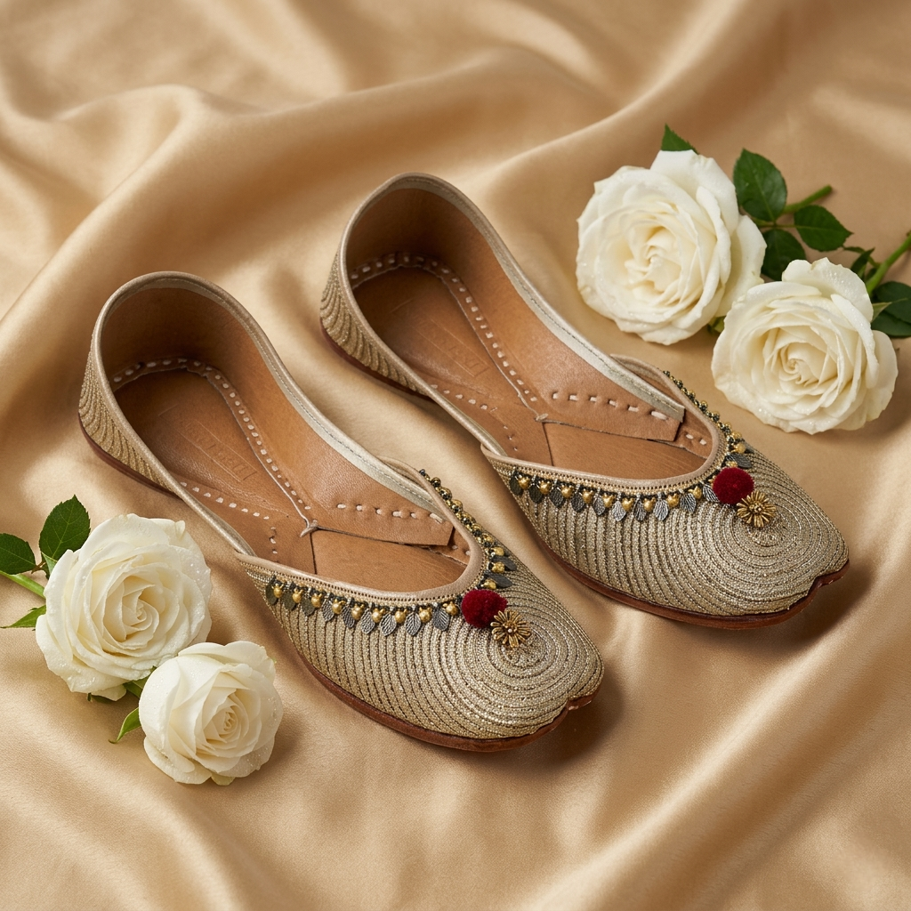 SUNEHRI ZARDOZI PURE LEATHER GOLDEN HANDCRAFTED JUTTI