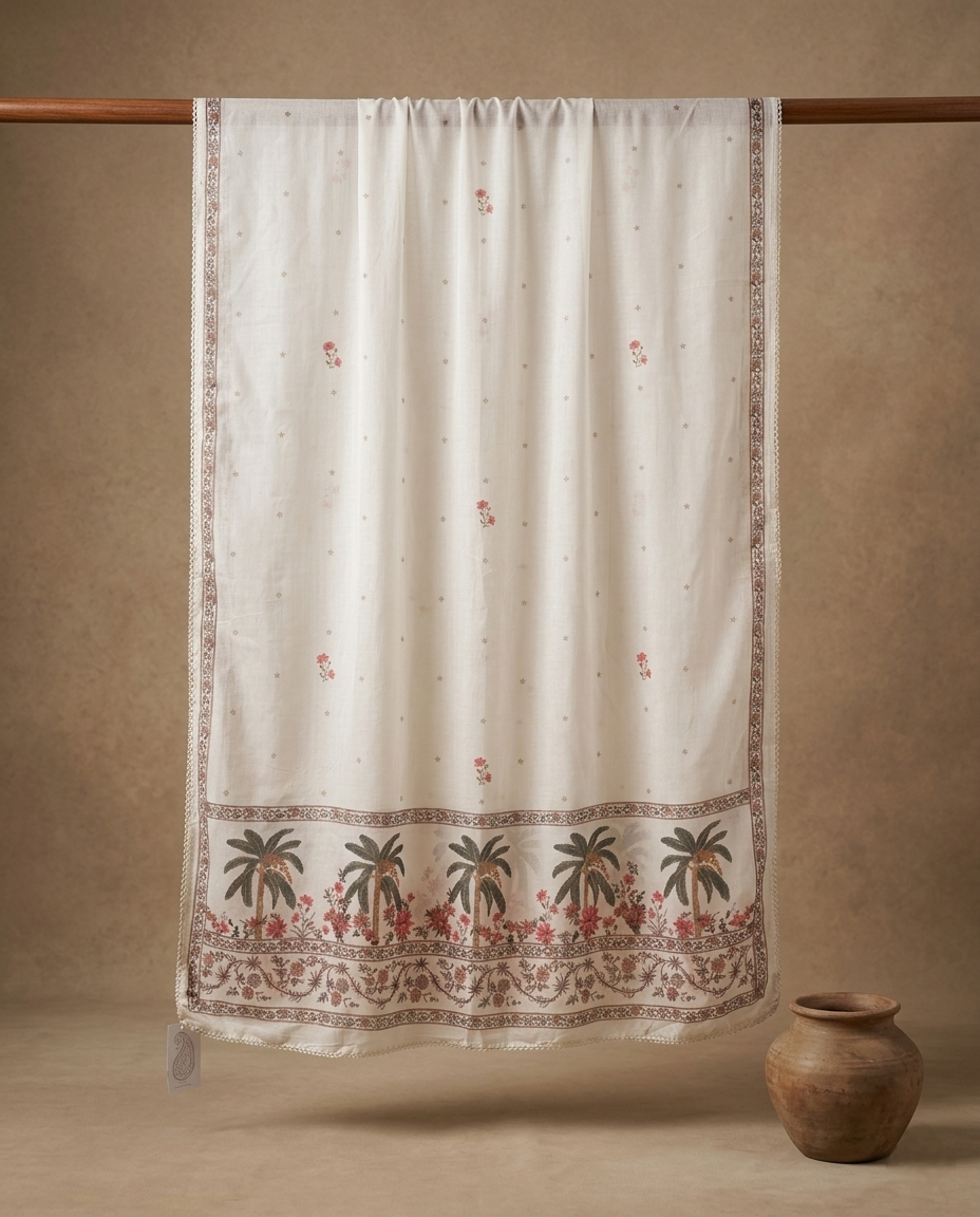 PALM GRACE MUL MUSLIN 3 PC CREAM WHITE SUIT FABRIC