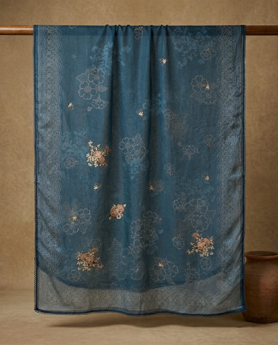DUSKY GRACE MUL CHANDERI DUSTY BLUE  3 PC SUIT FABRIC