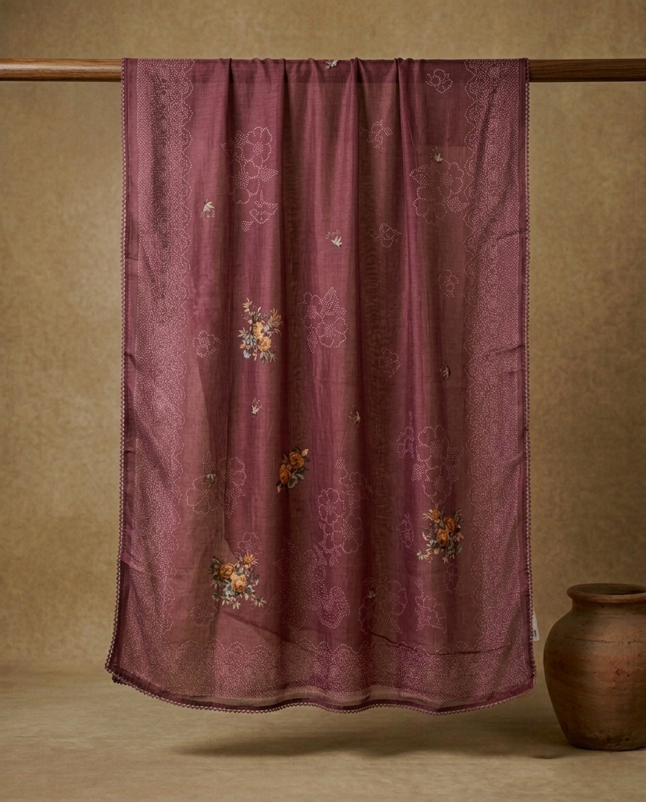 DUSKY GRACE MUL CHANDERI MARRON 3 PC SUIT FABRIC