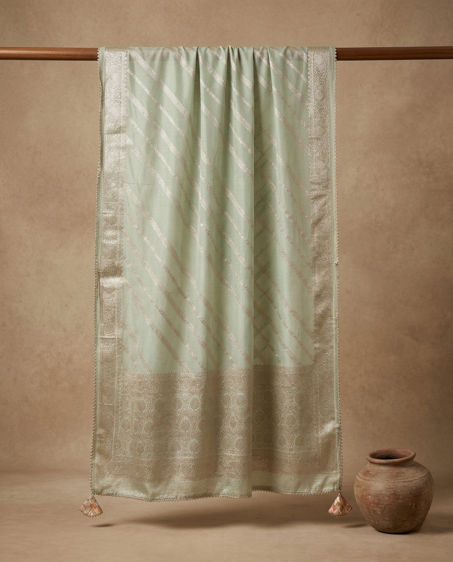 CLASSIC SOFT SILK GREEN 3 PC SUIT FABRIC WITH BANARASI DUPPATA