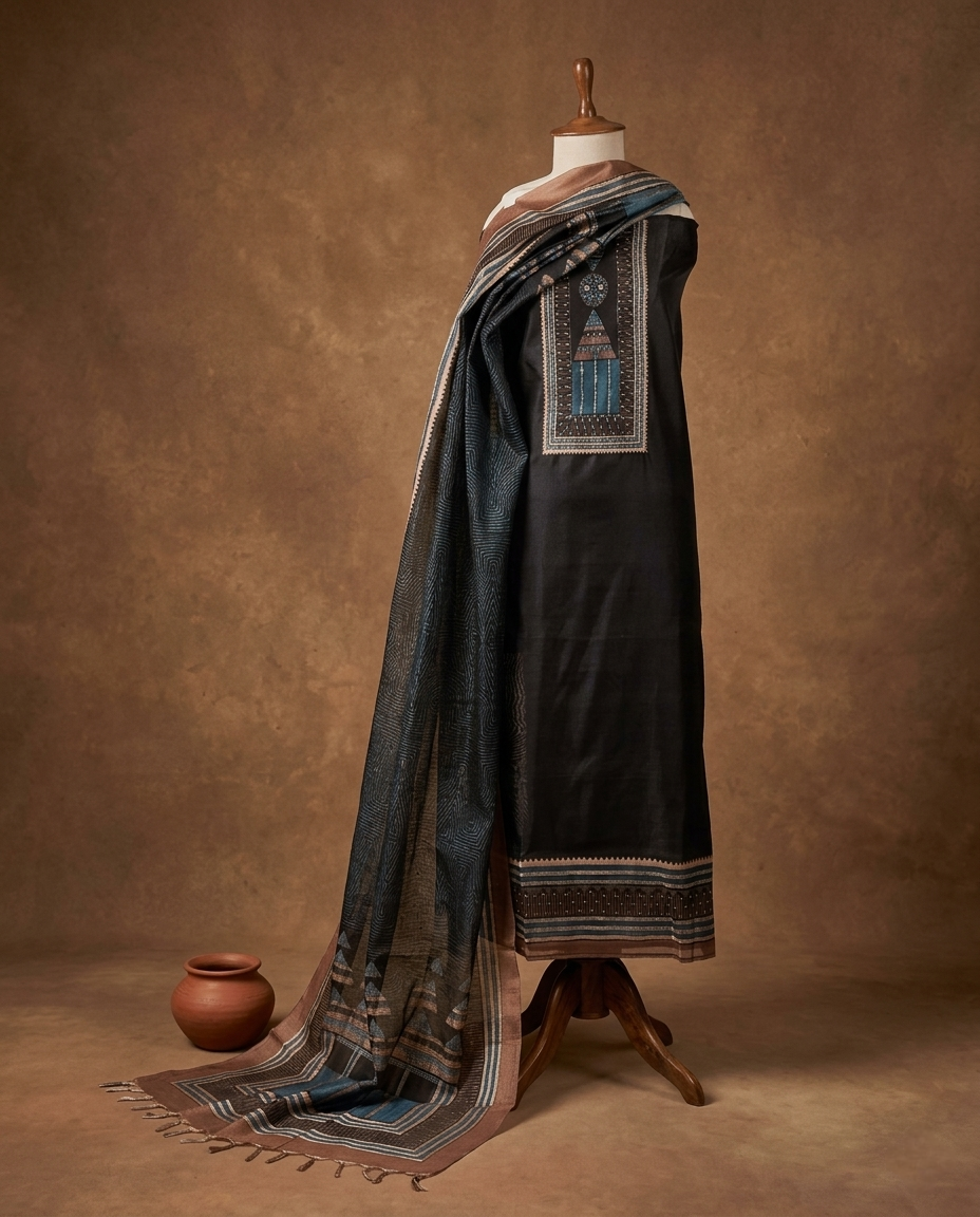 BLACK ETHNIC HANDLOOM SILK COTTON 3 PC SUIT FABRIC