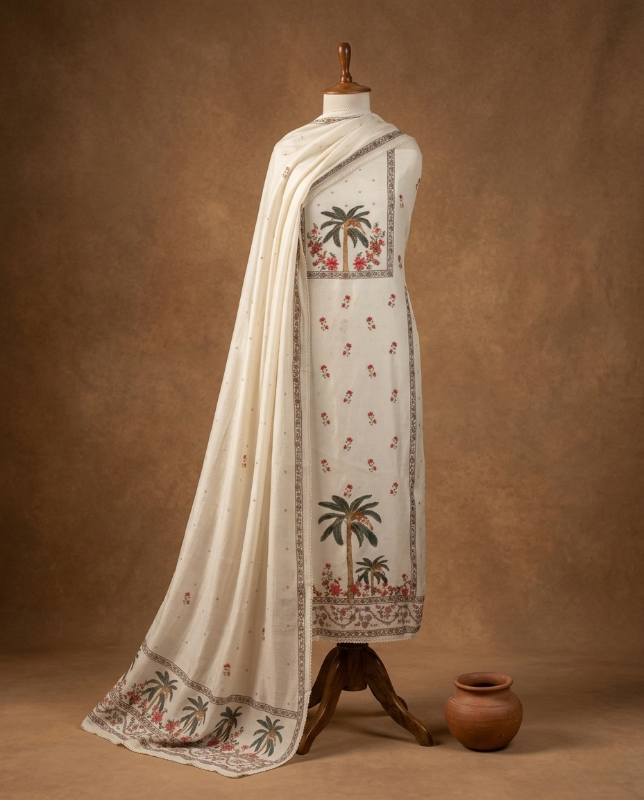 PALM GRACE MUL MUSLIN 3 PC CREAM WHITE SUIT FABRIC