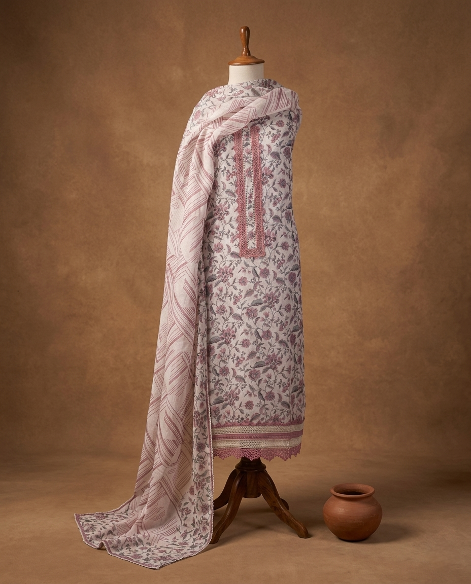 SOFT FLORAL PURE LINEN OFF WHITE / PINK 3 PC SUIT FABRIC