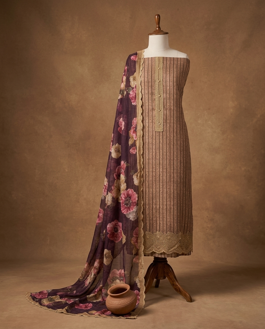 EARTHY BLOOM PURE LINEN BROWN 3 PC SUIT FABRIC