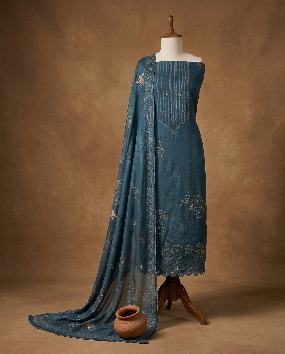 DUSKY GRACE MUL CHANDERI DUSTY BLUE  3 PC SUIT FABRIC