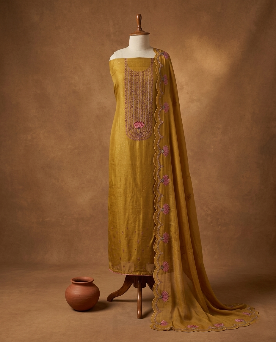MEHR NOOR MUL CHANDERI YELLOW 3 PC SUIT FABRIC