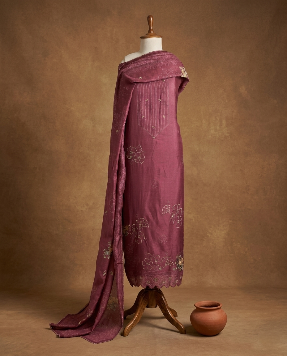 DUSKY GRACE MUL CHANDERI MARRON 3 PC SUIT FABRIC