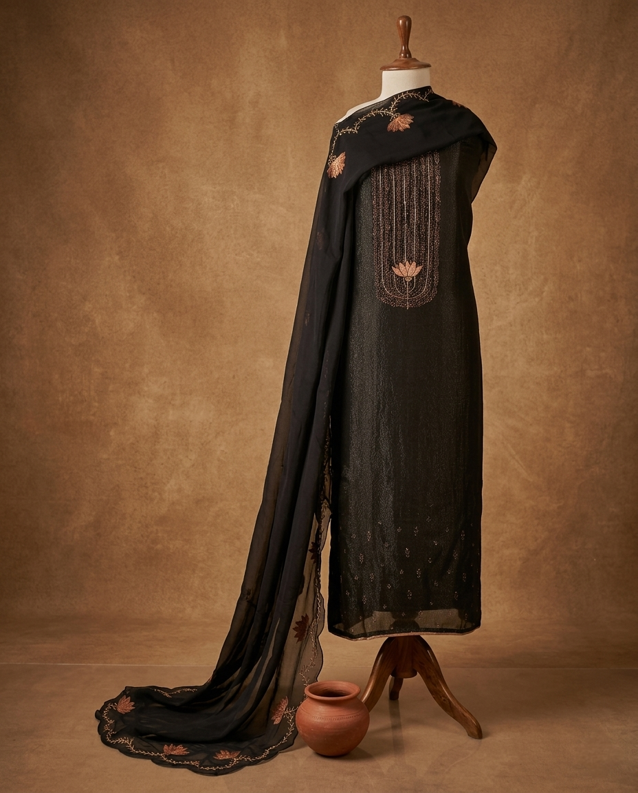 MEHR NOOR MUL CHANDERI BLACK 3 PC SUIT FABRIC