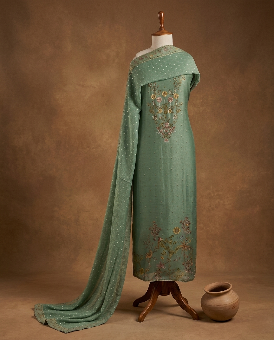GULZAR HERITAGE MUL CHANDERI TUQOUISE GREEN 3 PC SUIT FABRIC